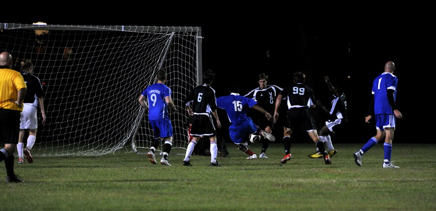 VALDOSTA, Ga. -- Vince Carter, a member from Moody, takes a shot on goal, trying to create momentum, while being down early in the game versus Valdosta State University here Oct. 6. Even with good runs and a solid team effort, the team from Moody lost the match against VSU 6-0. (U.S. Air Force photo/Airman 1st Class Joshua Green)
