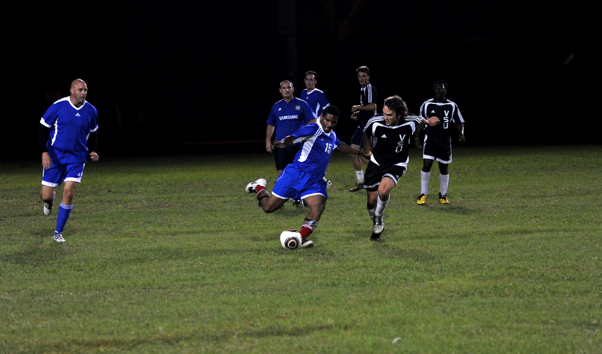 VALDOSTA, Ga. -- Vince Carter, a member from Moody, clears the ball out of the back field during a soccer game here Oct. 6. The team from Moody fell short while trying to get the win over Valdosta State University. (U.S. Air Force photo/Airman 1st Class Joshua Green)
