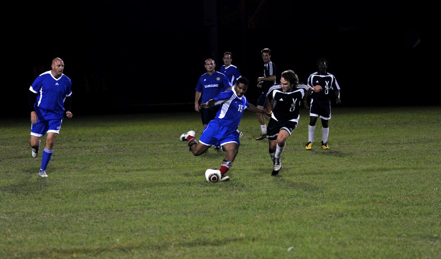 VALDOSTA, Ga. -- Vince Carter, a member from Moody, clears the ball out of the back field during a soccer game here Oct. 6. The team from Moody fell short while trying to get the win over Valdosta State University. (U.S. Air Force photo/Airman 1st Class Joshua Green)

