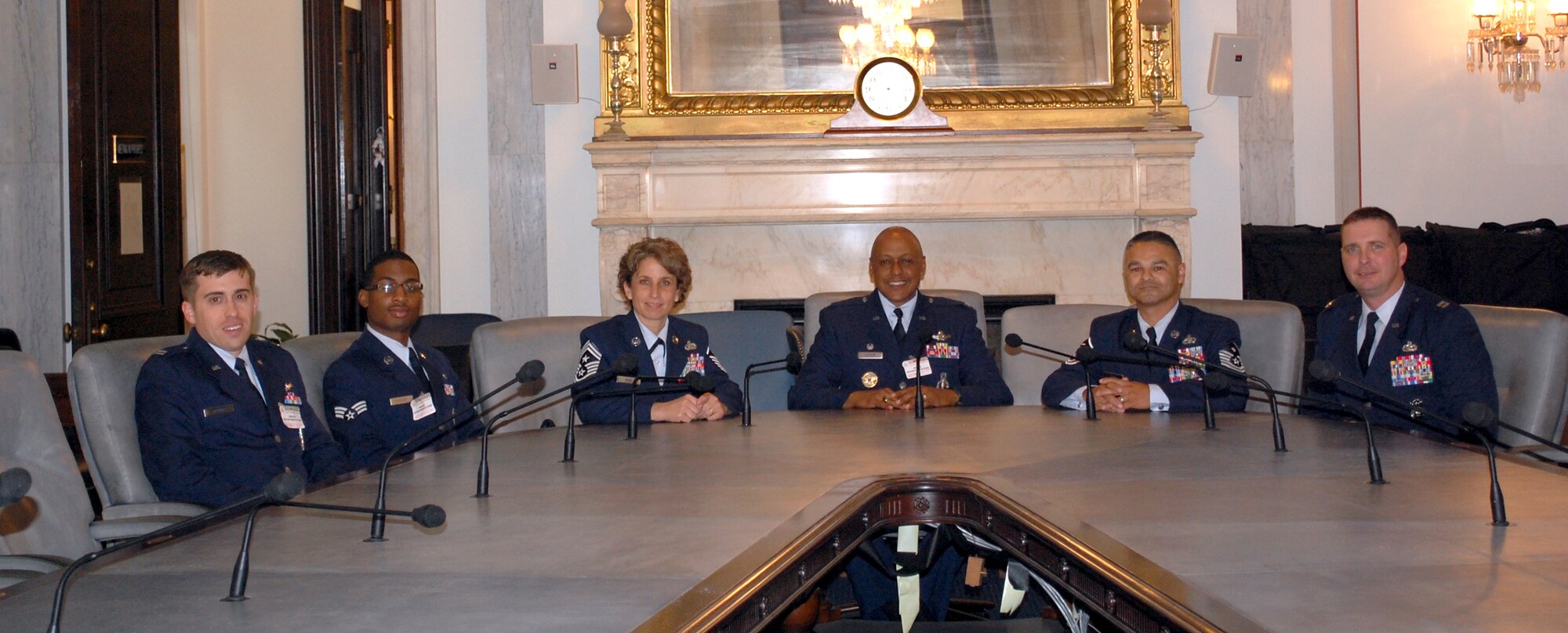 Members of Team Malmstrom relax in the Armed Services Committee Room in the Russell Senate Office Building in Washington, D.C., Sept. 26. Pictured from left to right are Capt. Jared Bishop, Senior Airman Oren Walker, Chief Master Sgt. Cari Kent, Col. Anthony Cotton, Master Sgt. Timoteo Silva and Capt. Garland Wilmoth. (U.S. Air Force Courtesy Photo)