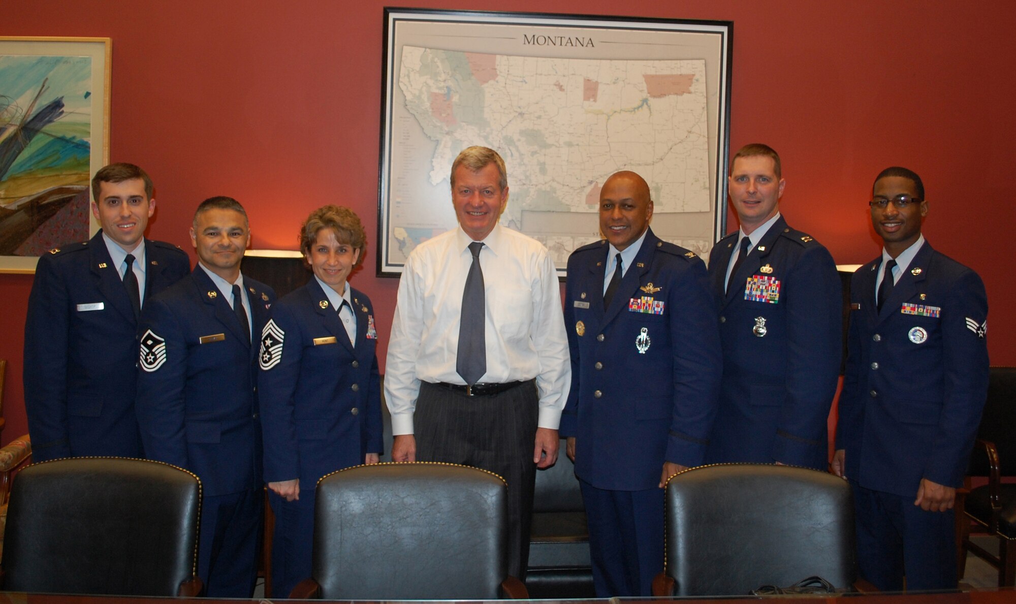Montana Senator Max Baucus received visitors from Malmstrom Air Force Base during their visit to the nation's capital Sept. 27-30. Pictured with the senator from left to right are Capt. Jared Bishop, Master Sgt. Timoteo Silva, Chief Master Sgt. Cari Kent, Col. Anthony Cotton, Capt. Garland Wilmoth and Senior Airman Oren Walker. (U.S. Air Force courtesy photo)