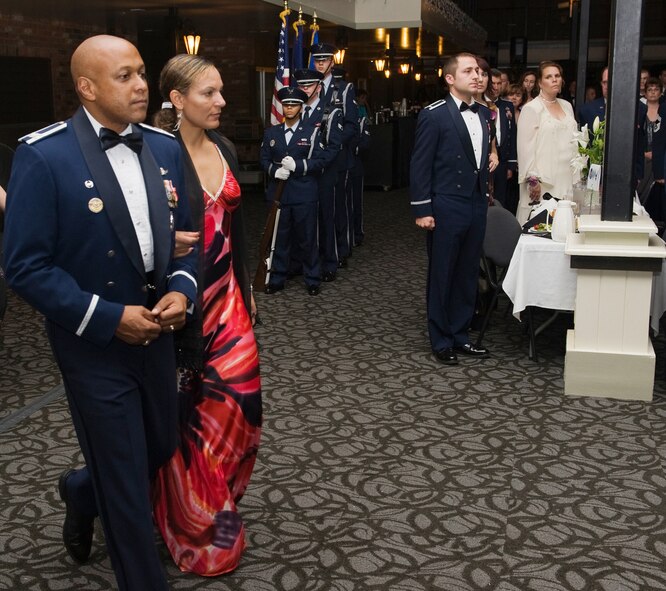 The 341st Missile Wing Commander Col. Anthony Cotton, and his wife Marsha, are introduced at the start of the Wing One Air Force Anniversary Ball Oct. 2 at the Heritage Inn. (U.S. Air Force photo/Beau Wade)