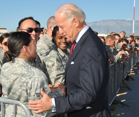 Vice President Joe Biden landed Sept. 30 at Kirtland AFB for a visit to Albuquerque. More than 50 Team Kirtland Airmen were on the flightline to meet him.  U.S. Photo by Todd Berenger.