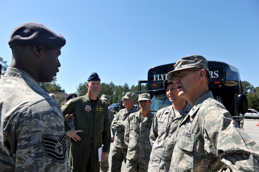 MOODY AIR FORCE BASE, Ga. -- Maj. Gen. Stephen Hoog, 9th Air Force commander, Air Combat Command, Shaw Air Force Base, S.C., speaks with an Airman from Moody during his visit here Oct. 7. Since taking command General Hoog visits different bases to a get first hand looks at the variety of missions. (U.S. Air Force photo/Airman 1st Class Joshua Green)