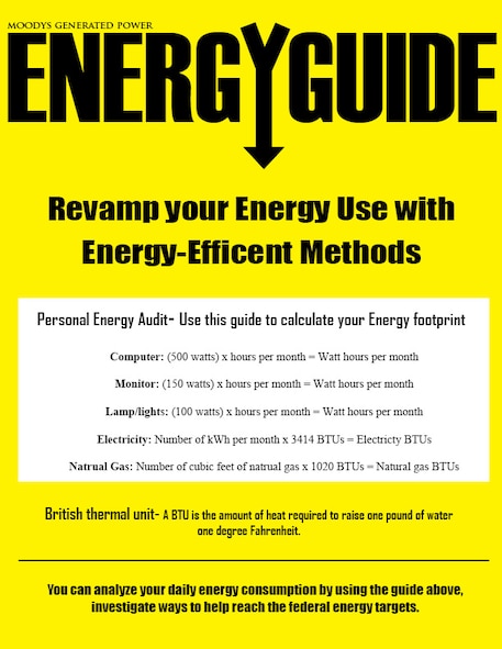 MOODY AIR FORCE BASE, Ga. -- Energy awareness has become an integral part of the Air Force’s mission and proper steps should be taken to accomplish the target goals set by the Air Force Special Operations Command. “We cannot overstate the criticality of every Airman embracing energy as a consideration in all we do”, said Air Force Chief of Staff Gen. Norton Schwartz. (U.S. Air Force photo/Airman 1st Class Joshua Green)
