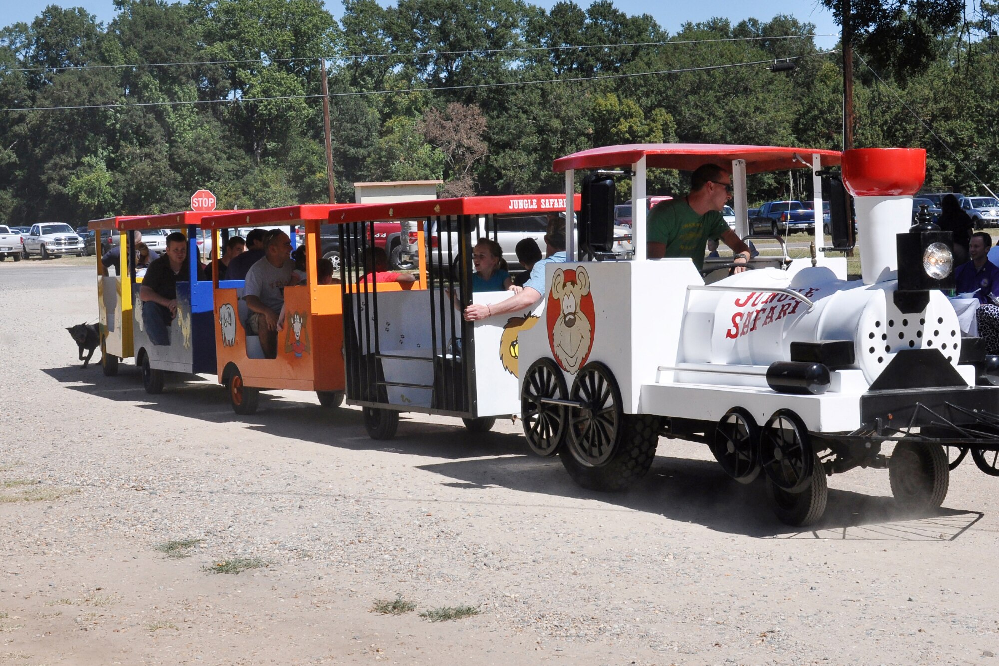 Guests take a train ride around Cullen Park on Barksdale Air Force Base, La., during the 307th REDHORSE Squadron's Family Day event on Oct. 2, 2010.  All members, families and friends were treated to an afternoon of food, fun, karaoke and camaraderie. There were also events specially designed for children, which included games, train rides and an air castle.  (Photo by Master Sgt. Mary Hinson)