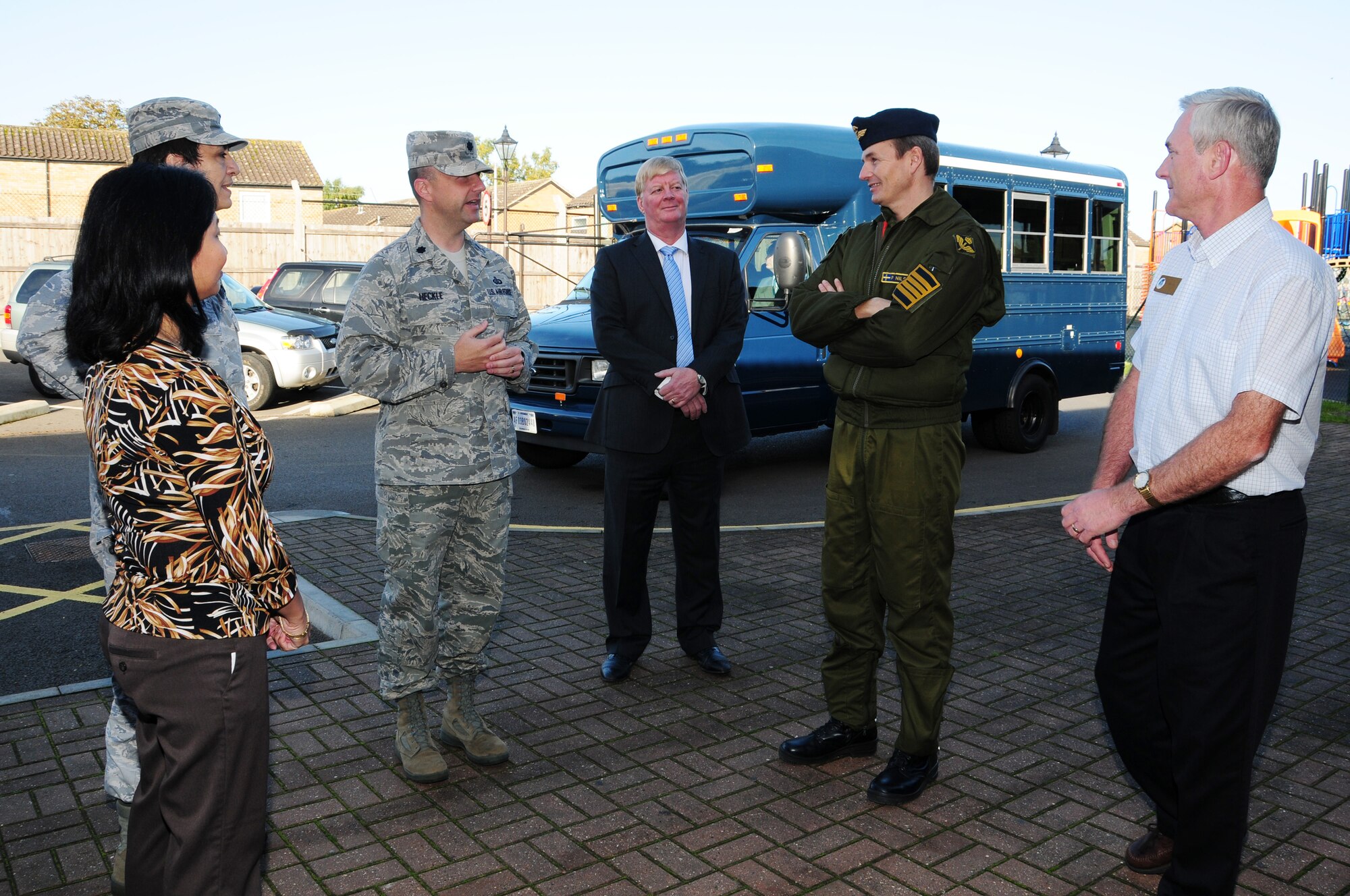 ROYAL AIR FORCE LAKENHEATH, England – (from left) Carrie Basaca, 48th Force Support Squadron Youth Center assistant chief, Col. Cassie Barlow, 48th Mission Support Group commander, Lt. Col. Kevin Heckle, 48th FSS commander, and Dan Hawley, 48th FSS Airman and Family Services Flight chief, prepare to give a tour of the youth center to Swedish Air Force Col. Per Nilsson, F 21 Norrbotten Fighter Wing commander, with Gary Viscik, 48th FSS Youth Center chief, Oct. 7. Colonel Nilsson is visiting from RAF Lakenheath’s sister wing, in Sweden.  (U.S. Air Force photo/Airman 1st Class Lausanne Morgan)