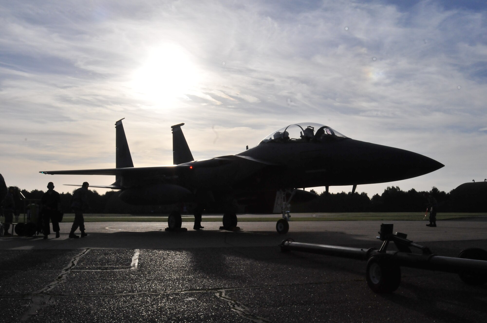 ROYAL AIR FORCE LAKENHEATH, England -- An F-15E Strike Eagle sits on the flightline here Oct. 7. This aircraft was used for the first of four set piece demonstrations for aircraft regeneration in preparation for the operational readiness inspection. (U.S. Air Force photo/Senior Airman David Dobrydney)