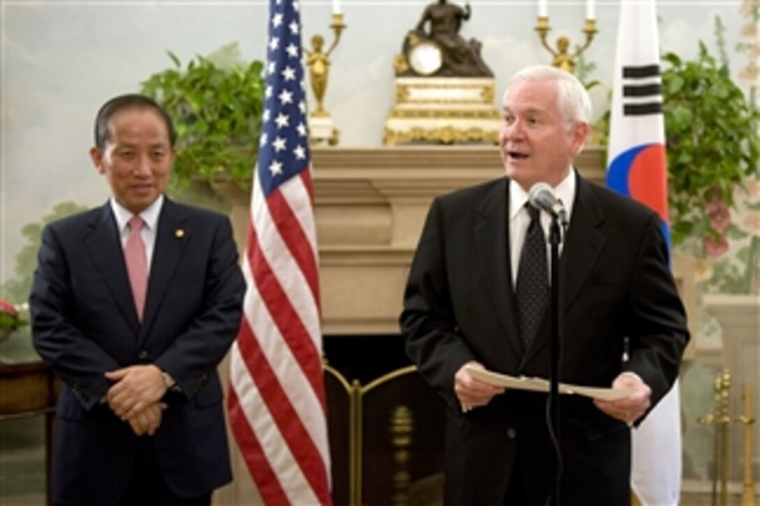 Secretary of Defense Robert M. Gates speaks to the audience and South Korean Defense Minister Kim Tae-Young (left) during a reception held in conjunction with the 42nd annual R.O.K.-U.S. Security Consultative Meeting at the Blair House in Washington, D.C., on Oct. 7, 2010.  