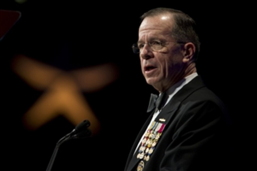 Chairman of the Joint Chiefs of Staff Adm. Mike Mullen, U.S. Navy, addresses audience members at the USO Gala at the Marriott Wardman Park Hotel in Washington, D.C., on Oct. 7, 2010.  