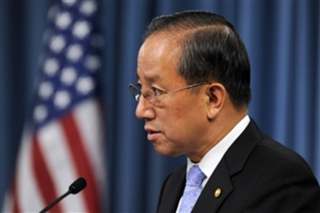 South Korean Minister of National Defense Kim Tae-young responds to a reporter's question during a joint press conference with Secretary of Defense Robert M. Gates in the Pentagon on Oct. 8, 2010.  The press event was held at the conclusion of the 42nd annual Security Consultative Meeting between the two nations.  