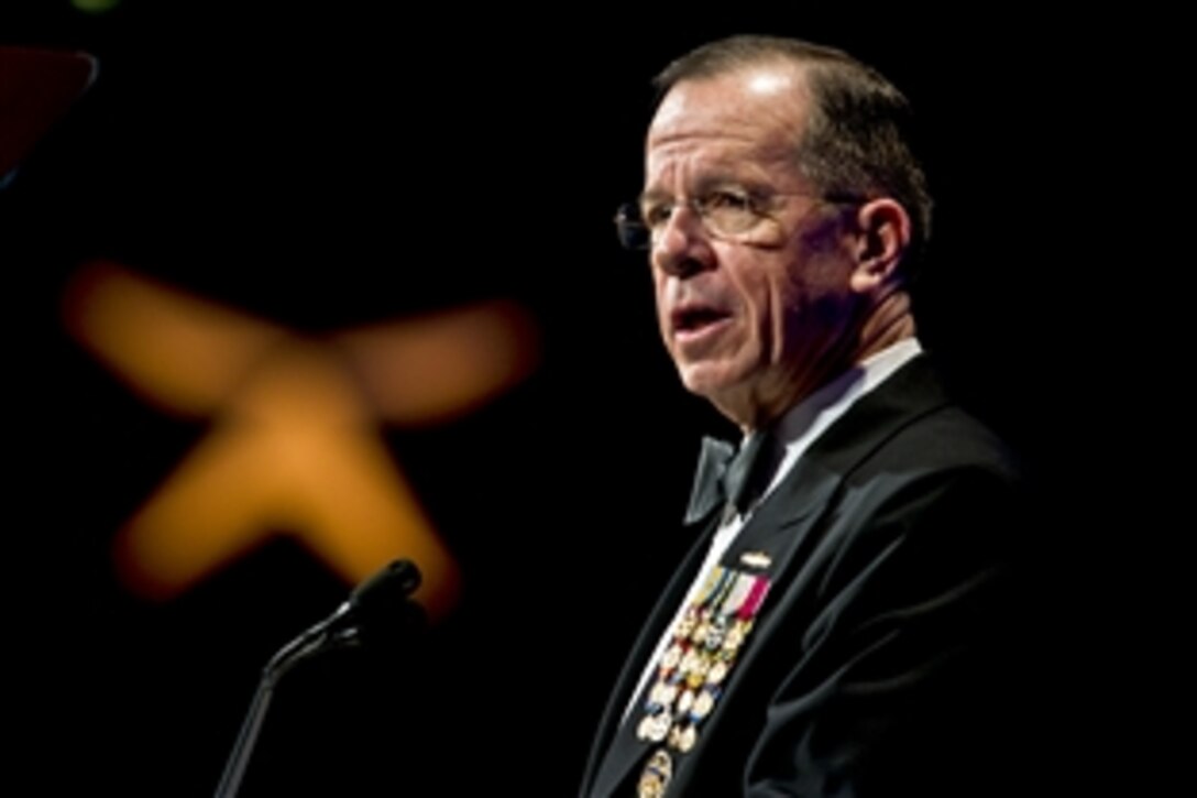 Navy Adm. Mike Mullen, chairman of the Joint Chiefs of Staff, addresses the audience at the USO Gala in Washington, D.C., Oct. 7, 2010.