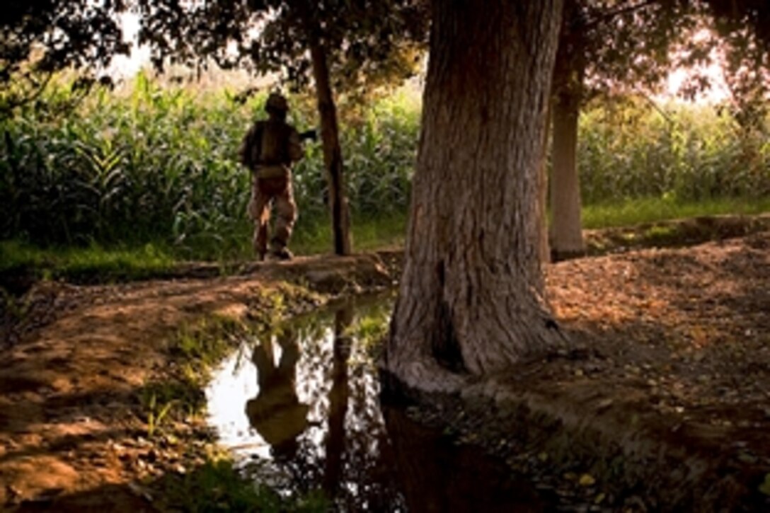 U.S. Navy Petty Officer 3rd Class Jeff Stuart walks by a stream during a clearing operation in Gowragi, Afghanistan, Oct. 1, 2010. Stuart is a corpsman with the Combined Action Company, 3rd Battalion, 3rd Marine Regiment.