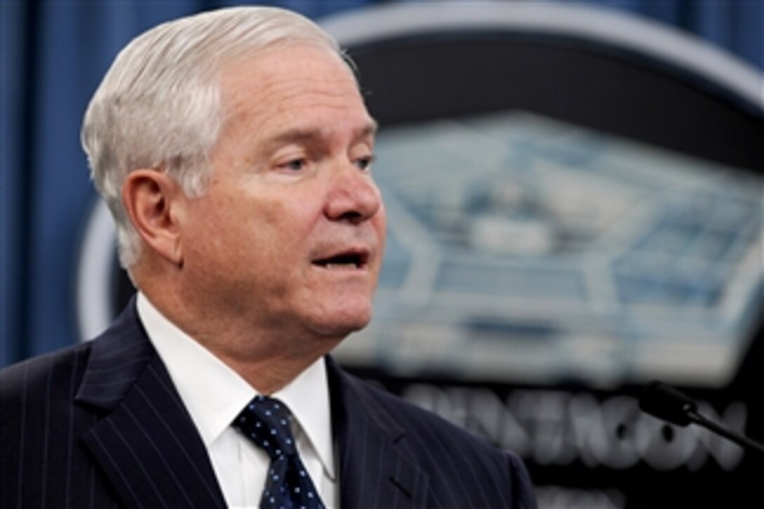 Secretary of Defense Robert M. Gates speaks during a joint Pentagon press conference with South Korean Defense Minister Kim Tae-young on Oct. 8, 2010.  The press event was held at the conclusion of the 42nd annual Security Consultative Meeting between the United States and the Republic of Korea.  