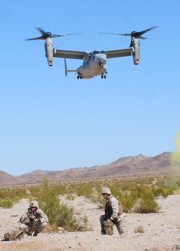 Marines from Company K, 3rd Battalion, 4th Marine Regiment, wait for an MV-22 Osprey to land and carry them back to the Marine Corps Air Station in Yuma, Ariz., after completing a raid at Marine Corps Air Ground Combat Center Twentynine Palms, Calif., Oct. 8, 2010. The training was in support of Yuma's semiannual Weapons and Tactics Instructor course, and is part of their monthlong predeployment course.