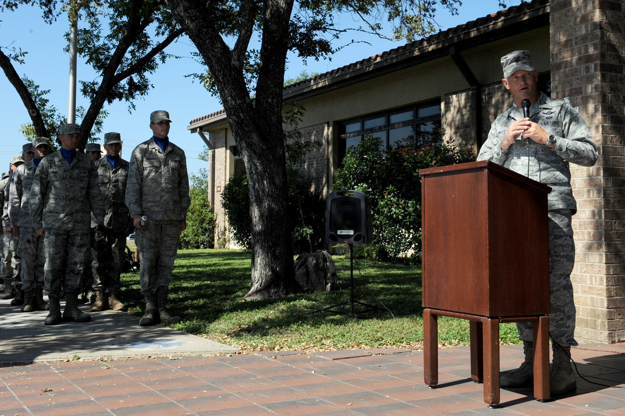 Col. William H. Mott V speaks during a ceremony Oct. 9, 2010, to mark the start of the Tim Davis Special Tactics Memorial March conducted by a 15-man team who will walk from Lackland Air Force Base, Texas, to Hurlburt Field, Fla., to honor fallen special tactics Airmen.  Colonel Mott is the 37th Training Wing commander at Lackland AFB.  The journey will cover more than 800 miles and five states. (U.S. Air Force photo/Staff Sgt. Desiree N. Palacios)