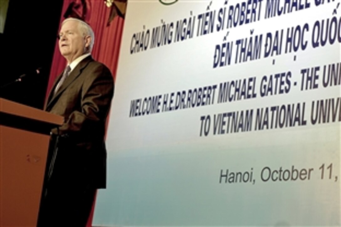 U.S. Defense Secretary Robert M. Gates speaks to professors and students at Vietnam National University in Hanoi, Vietnam, Oct. 11, 2010. 
