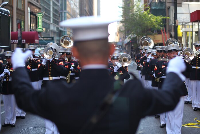 NEW YORK -- Chief Warrant Officer Robert A. Szabo, 2nd Marine Aircraft Wing Band director and a Wellsburg, W.V., native, prepares his Marines to march in the annual Columbus Day Parade, here, Oct. 11. The parade organizers estimated more than 100 bands, floats and contingents marched in the annual parade and nearly one million spectators watched the procession. (Official Marine Corps photo by Sgt. Randall A. Clinton / RELEASED)