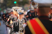 NEW YORK -- Cpl. Kelly Hawkins, 2nd Marine Aircraft Wing Band trombonist and a Brenham, Tx., native awaits the command to begin the band's next song during the annual Columbus Day Parade, here, Oct. 11. The parade organizers estimated more than 100 bands, floats and contingents marched in the annual parade and nearly one million spectators watched the procession. (Official Marine Corps photo by Sgt. Randall A. Clinton / RELEASED)