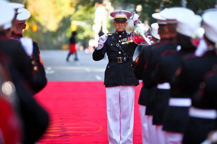 NEW YORK -- Chief Warrant Officer Robert A. Szabo, 2nd Marine Aircraft Wing Band director and a Wellsburg, W.V., native, leads his Marines through a performance in front of the reviewing stands during the annual Columbus Day Parade, here, Oct. 11. The parade organizers estimated more than 100 bands, floats and contingents marched in the annual parade and nearly one million spectators watched the procession. (Official Marine Corps photo by Sgt. Randall A. Clinton / RELEASED)