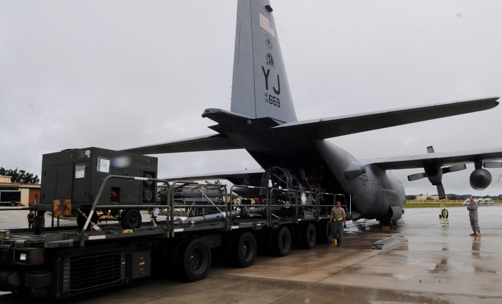 Equipment used for Valiant Shield 2010 is loaded onto a C-130 Hercules at Andersen Air Force Base, Guam, Sept. 30. The 734th Air Mobility Squadron successfully supported Pacific Commands largest exercise here, while simultaneously executing fighter and tanker unit swap outs and sustaining normal operations. (U.S. Air Force photo/ Senior Airman Nichelle Anderson)