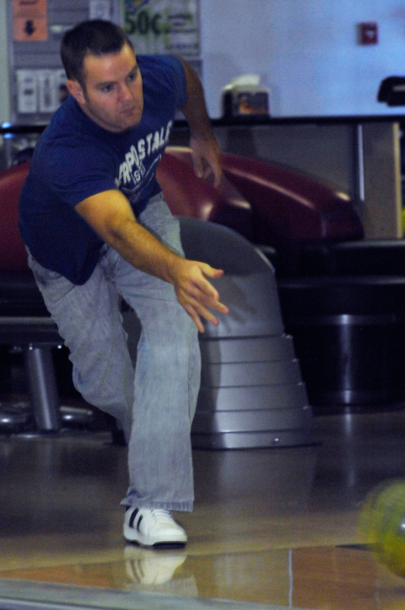 WHITEMAN AIR FORCE BASE, Mo. - Staff Sgt. Lucas Wacker, 509th Comptroller Squadron, bowls Oct. 5 during the first Squadron Bowling Center Challenge. A squadron that challenges the Bowling Center staff and wins will receive vouchers for each team member for a free medium pizza from the Bowling Center. (U.S. Air Force photo/Senior Airman Jason Barebo)