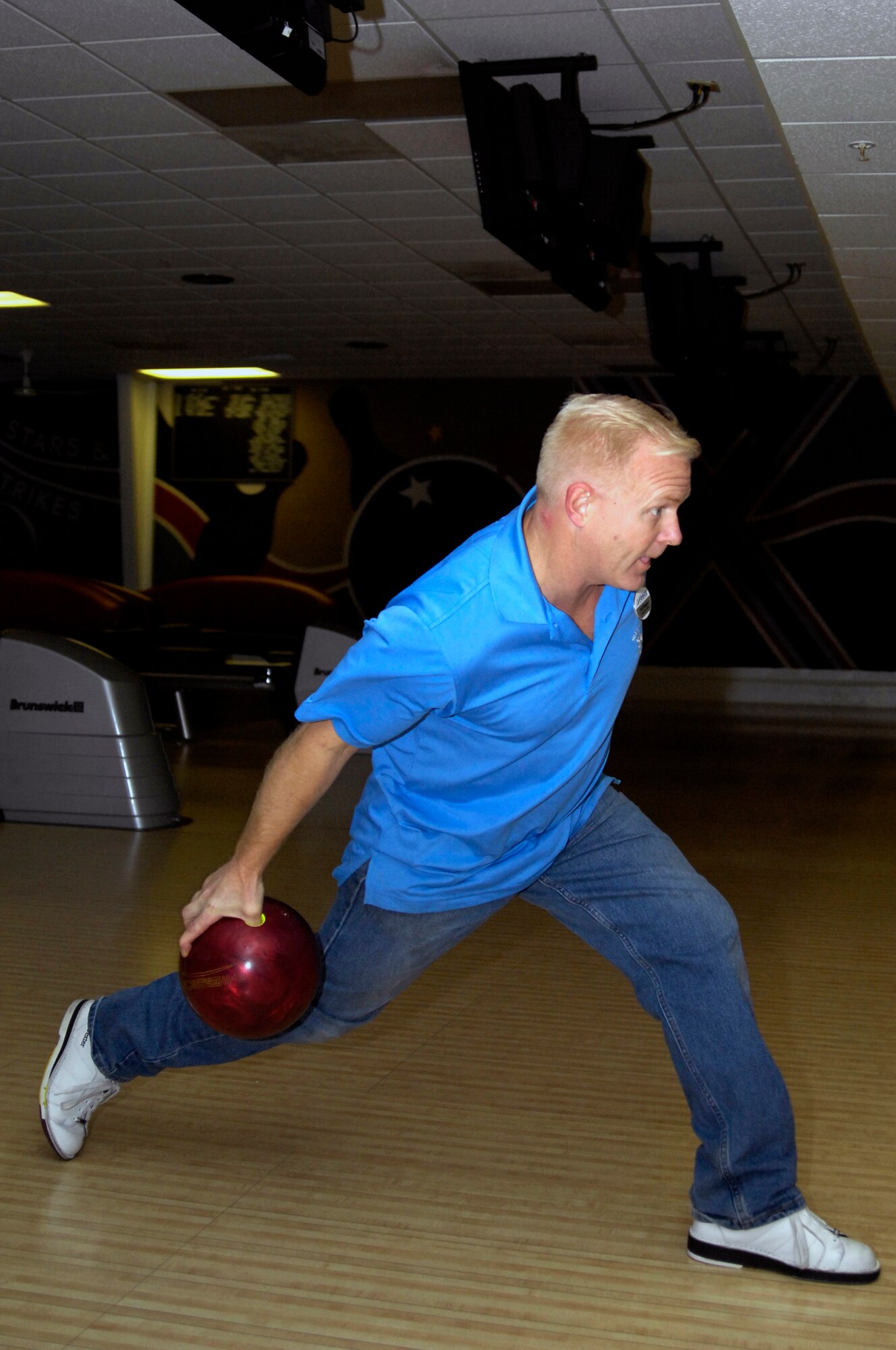 WHITEMAN AIR FORCE BASE, Mo. - Mr. Phil Wagner, Bowling Center manager, bowls Oct. 5 during the first Squadron Bowling Center Challenge against the 509th Bomb Wing Staff and 509th Comptroller Squadron team. Mr. Wagner bowled a 164 the first game and a 153 the second game. The challenge is open to any squadron on base. (U.S. Air Force photo/Senior Airman Jason Barebo)