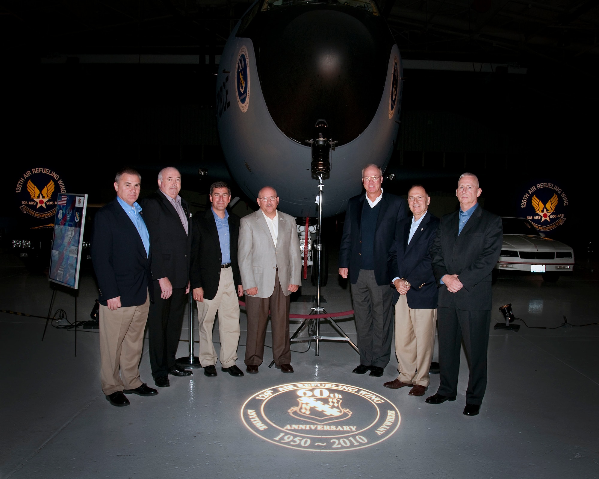 The 126th Air Refueling Wing at Scott Air Force Base, celebrated its 60th Anniversary Oct. 2.  The celebration was in one of the hangers and displayed the KC-135 Stratotanker and other memorabilia.  In attendance (left to right) Air Force Brig. Gen. James Schroeder, Assistant Adjutant General-Air for the Illinois National Guard; retired Air Force Brig. Gen. John Hughes; Air Force Col. Peter Nezamis, Commander of the 126th; Army Maj. Gen. Dennis Celletti, Assistant Adjutant General-Army for the Illinois National Guard; Air Force Gen. Craig R McKinley, Chief of the National Guard Bureau; Army Maj. Gen. William Enyart, The Adjutant General of the Illinois National Guard, and Army Brig. Gen. Steven Huber, Director of the Joint Staff Joint Force Headquarters Illinois. (Photo by Pfc. Jason Northcutt, 139th Mobile Public Affairs Detachment)