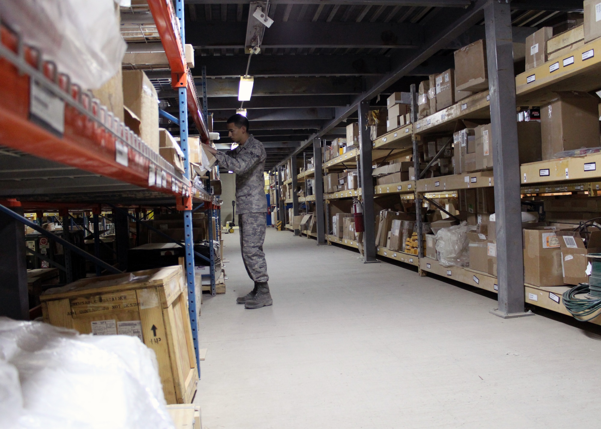 Airman 1st Class Jason Huynh inventories stored supplies in the 332nd Expeditionary Logistics Readiness Squadron Material Management Flight warehouse Oct. 1, 2010, at Joint Base Balad, Iraq. Airmen in the Material Management Flight did a thorough review of everything under their control and were able to redistribute more than 3,000 line items no longer used or rarely used to help reduce the size of the supply footprint on JB Balad.  (U.S. Air Force photo/Tech. Sgt. Stacy Fowler) 
