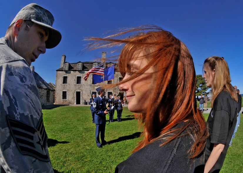 Lt. Col. Kelvin McElroy of the 914th Airlift Wing administers the oath to new 914th reserve members during a mass enlistment at Old Fort Niagara October 9, 2010 Youngstown NY. 
The ceremony took place on a historic battlefield with the Niagara Falls Air Reserve Station honor guard providing the presentation of colors. (U.S. Air Force photo by Staff Sgt. Joseph McKee)
