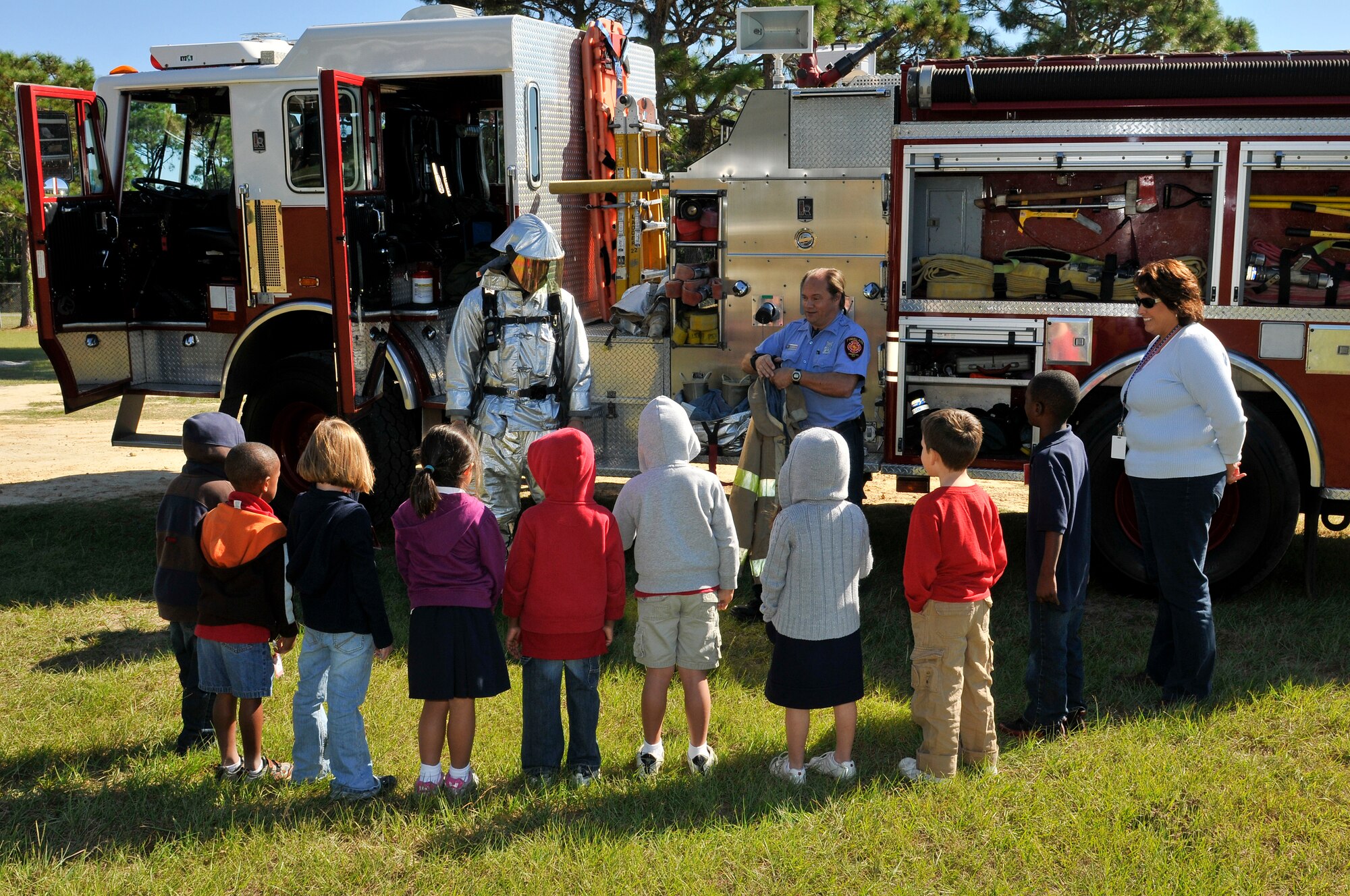 Tyndall Fire and Emergency Services educate Tyndall Elementary School students on fire prevention and safety Oct. 4 as part of Fire Prevention Week. (U.S. Air Force photo by Lisa Norman)