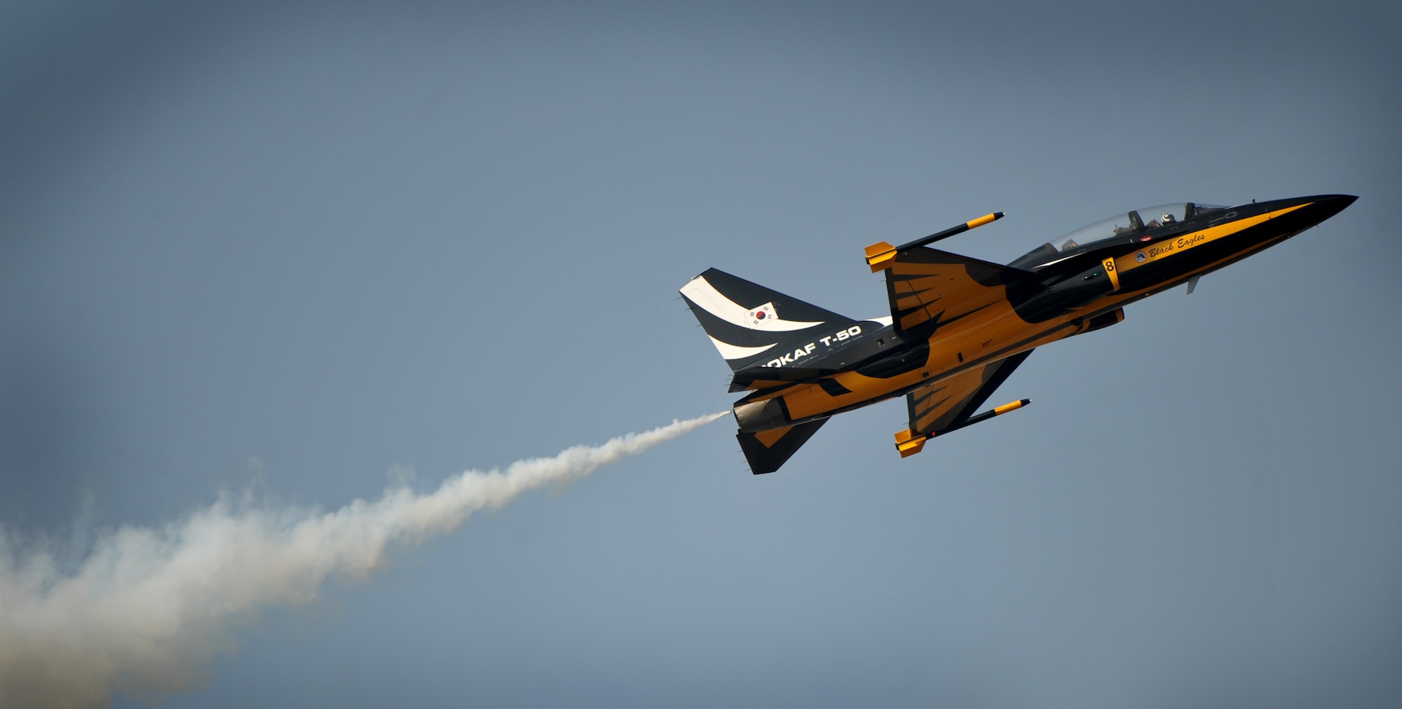 A Republic of Korea Air Force Black Eagles TA-50B fighter jet flies over the skies during the 8th Annual Air Power Day at Osan Air Base Oct. 10.  Aerial performances demonstrated the capabilities of the high performance aircraft.  The event included a variety of Korean and American high performance aerial demonstrations, unique ground performances, military equipment static displays, a children's play area and a wide variety of food and souvenir booths. (U.S. Air Force Photo/Senior Airman Evelyn Chavez)