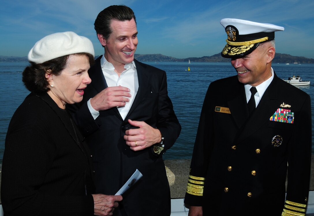 U.S. Navy Vice Adm. Richard W. Hunt, right, speaks with U.S. Senator Dianne Feinstein, left, and San Francisco Mayor Gavin Newsom, center, at the St. Francis Yacht Club during the San Francisco Fleet Week Parade of Ships, Oct. 9, 2010. San 