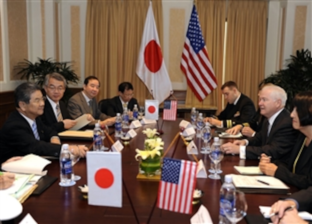 Secretary of Defense Robert M. Gates and Japanese Minister of Defense Toshimi Kitazawa hold a bilateral meeting in Hanoi, Vietnam, on Oct. 11, 2010.  