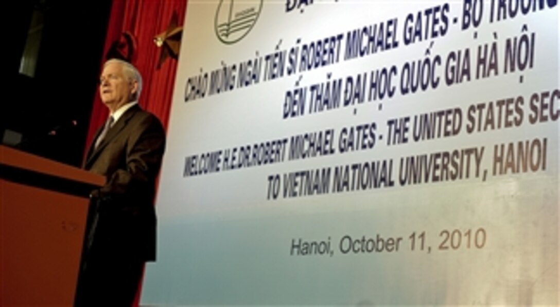 Secretary of Defense Robert M. Gates gives his remarks to professors and students at Vietnam's National University in Hanoi, Vietnam, on Oct. 11, 2010.  