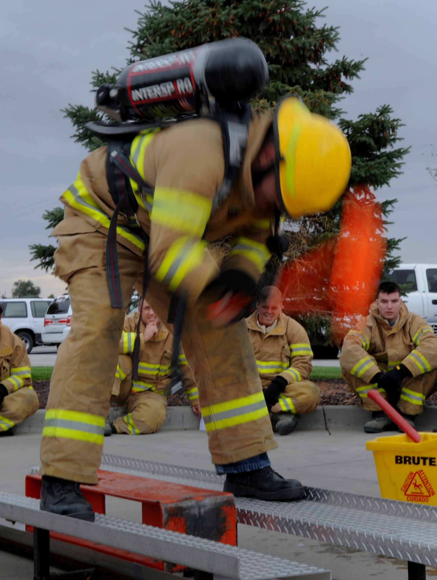 MOUNTAIN HOME AFB, Idaho -- Staff Sgt. Mike Barnes, 366th Component Maintenance Squadron aerospace propulsion craftsman, uses a sledge hammer to move a Keiser sled that weighed approximately 100 pounds during the fire muster challenge here Oct. 8. The challenge is being held in conjunction with Fire Prevention Week, which helps keep the public informed on fire safety and prevention. (U.S. Air Force photo by Staff Sgt. Gina Chiaverotti-Paige)