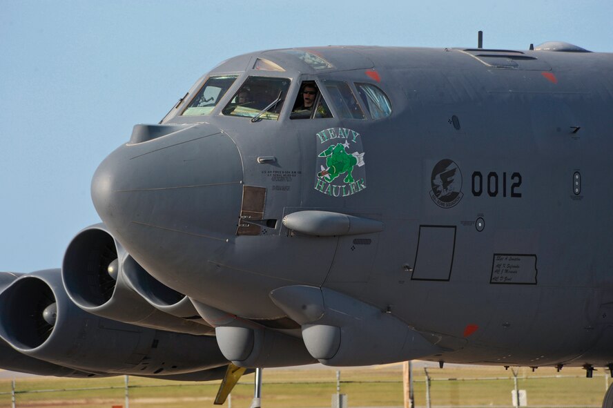 MINOT AIR FORCE BASE, N.D. -- An Air Force Global Strike Command B-52H Stratofortress from the 5th Bomb Wing at Minot taxis to its designated baker on the alternate parking area to begin a portion of the Prairie Vigilance 11-1 exercise here Oct. 9. Exercises like these are integral to maintaining mission readiness and ensuring Team Minot is prepared to answer the call of the President of the United States and Combatant Commanders. (U.S. Air Force photo by Senior Airman Benjamin Stratton)