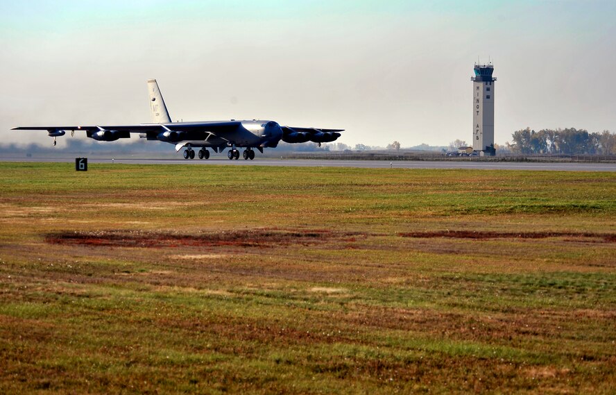 MINOT AIR FORCE BASE, N.D. -- A B-52H Stratofortress, takes off during a rapid launch as part of Prairie Vigilance 11-1 here Oct. 9. Air Force Global Strike Command Airmen from Minot AFB and Barksdale AFB, La., took part in this multi-aircraft rapid launch. Exercises like these are integral to maintaining mission readiness and ensuring Team Minot is prepared to answer the call of the President of the United States and Combatant Commanders. (U.S. Air Force photo by Senior Airman Michael J. Veloz)