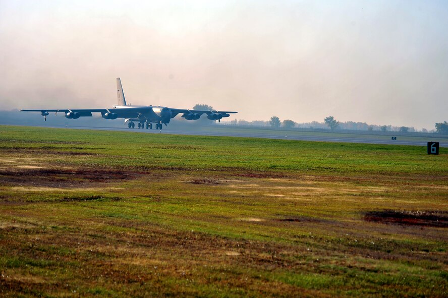 MINOT AIR FORCE BASE, N.D. -- A B-52H Stratofortress, prepares for take off during a rapid launch as part of Prairie Vigilance 11-1 here Oct. 9. Air Force Global Strike Command Airmen from Minot AFB and Barksdale AFB, La., took part in this multi-aircraft rapid launch. Exercises like these are integral to maintaining mission readiness and ensuring Team Minot is prepared to answer the call of the President of the United States and Combatant Commanders. (U.S. Air Force photo by Senior Airman Michael J. Veloz)
