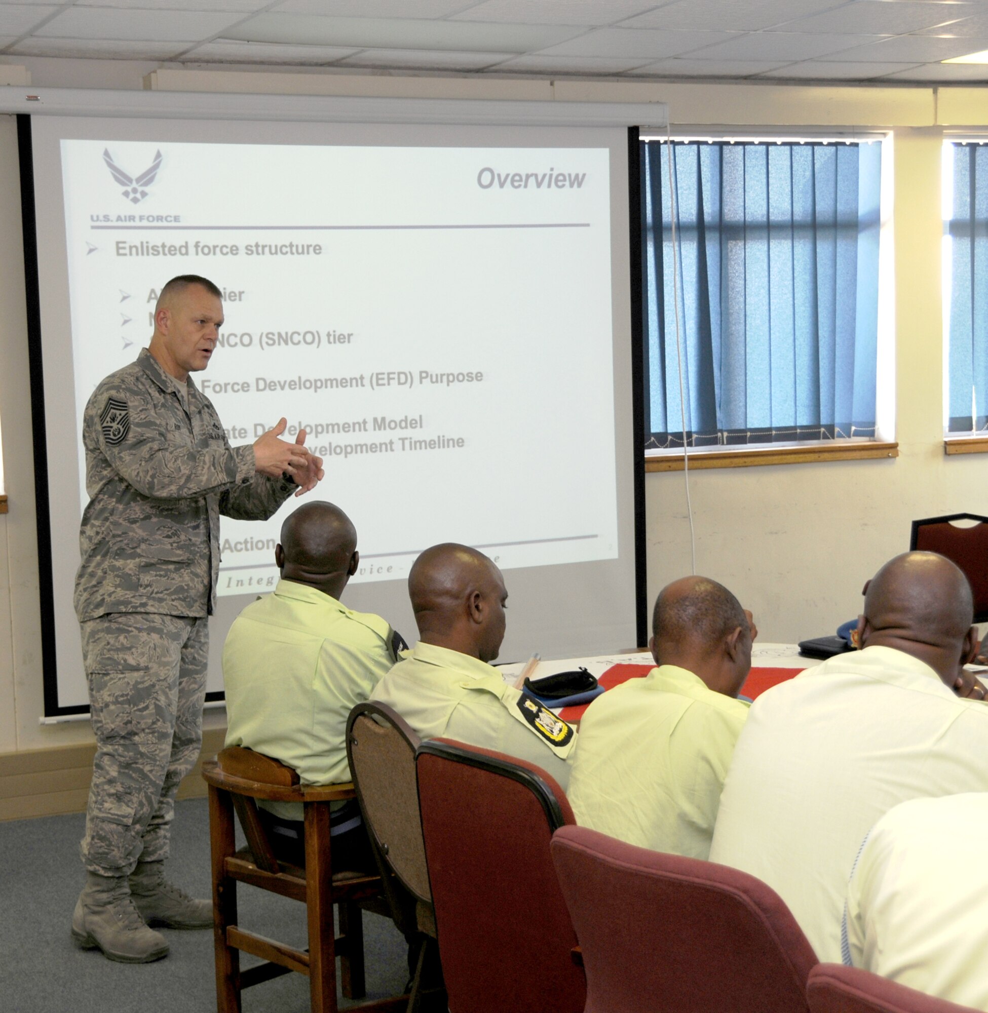 Chief Master Sgt. of the Air Force James A. Roy addresses senior enlisted leaders from across the Botswana Defense Force Oct. 11, 2010, during a visit to Thebaphatshwa Air Base, Botswana. Chief Roy and a team from 17th Air Force spent the day discussing enlisted force development with members of the BDF. (U.S. Air Force photo/Master Sgt. Jim Fisher)