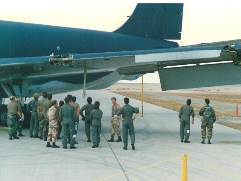 Members of the 1709th review the damage to the KC-135 that the 190th crew of Sweeney, Selanders, Mermis and Stucky successfully returned home following the loss of both engines on the left side of the jet. (Photo submitted)