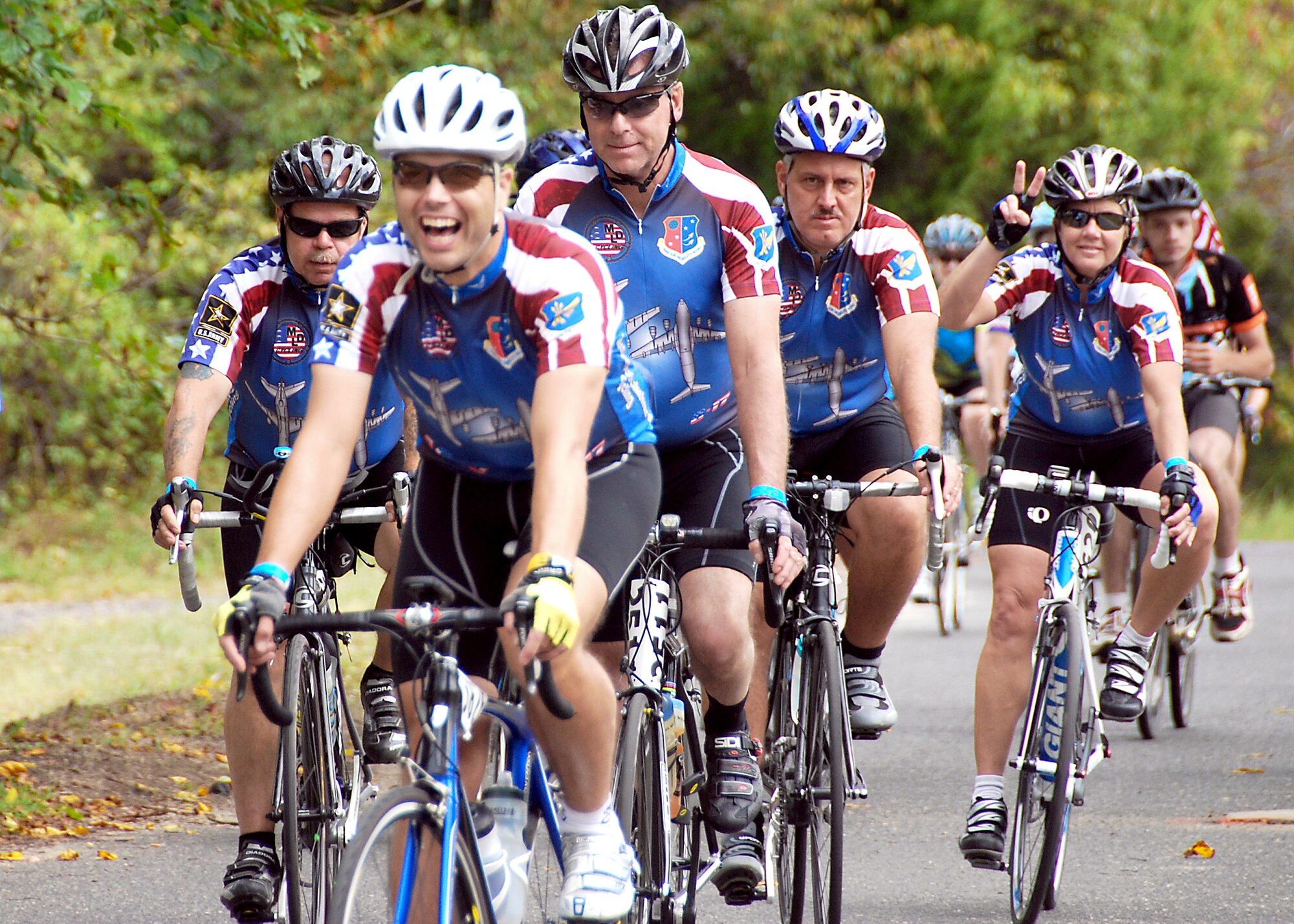 Members of the McGuire-Dix-Lakehurst cycling team ride Sept. 25-26 during the annual two-day Multiple Sclerosis City to Shore Ride 2010. The team of Air Force and Army servicemembers and civilians raised more than $13,000 for the National Multiple Sclerosis Society. (U.S. Air Force photo/Master Sgt. Donna Jeffries)