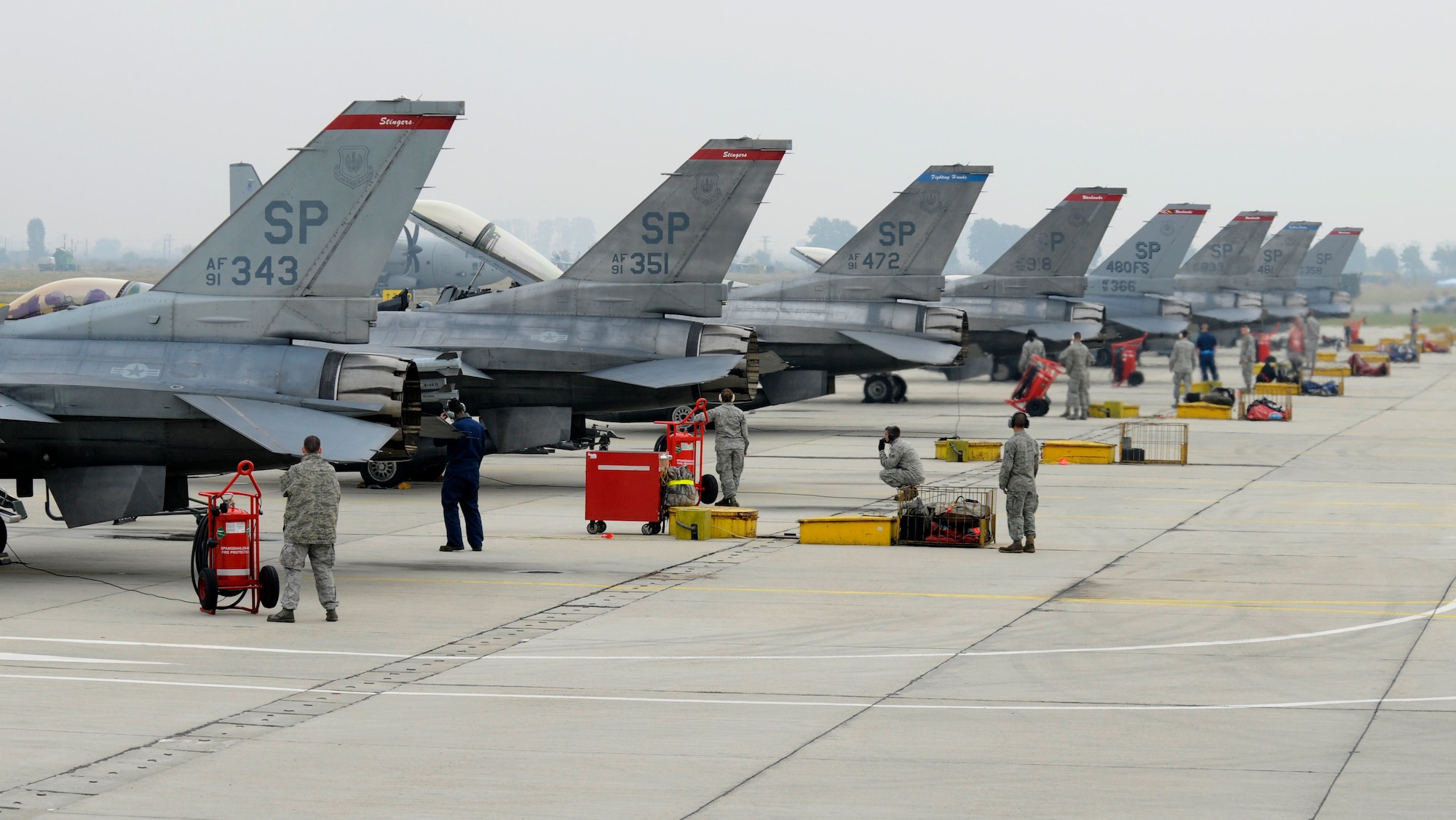 GRAF IGNATIEVO AIR FORCE BASE, Bulgaria -- F-16 Fighting Falcons from the Spangdahlem Air Base's 480th Fighter Squadron are lined up on the flightline before take-off on Graf Ignatievo Air Force Base during Operation Thracian Star Oct. 13. The operation was a three-week combined exercise that gave both U.S. and Bulgarian Airmen the opportunity to train together and strengthen relationships (U.S. Air Force photo/Staff Sgt. Benjamin Wilson)
