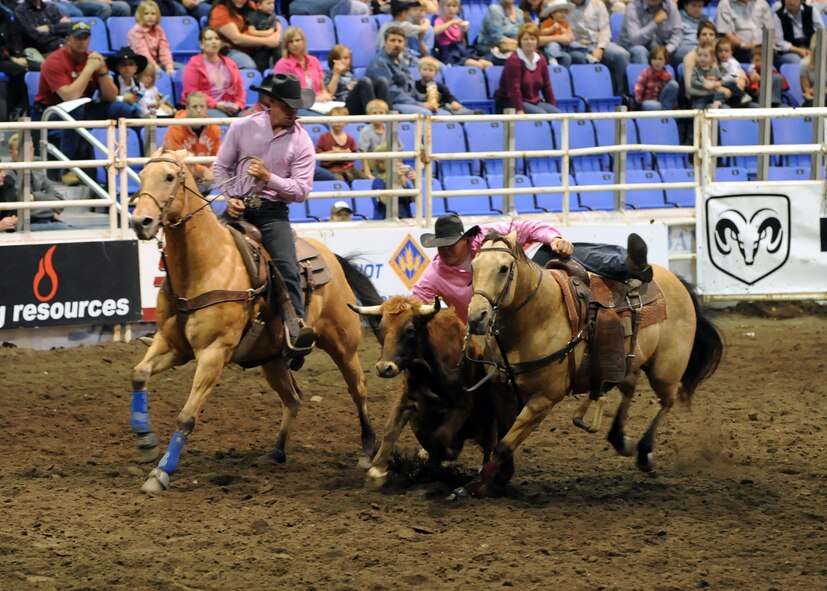 MINOT, N.D. -- Jake Rinehart of Highmore, S.D., slides off his horse onto a steer before wrestling the animal to the ground during the 2010 Y’s Men’s Rodeo here Oct. 8. The 56th annual Y’s Men’s Rodeo was held at the North Dakota State Fairgrounds Oct. 7 to 10 with all proceeds from the rodeo benefiting the YMCA’s Triangle Y Camp located near Garrison, N.D. (U.S. Air Force photo by Staff Sgt. Keith Ballard)
