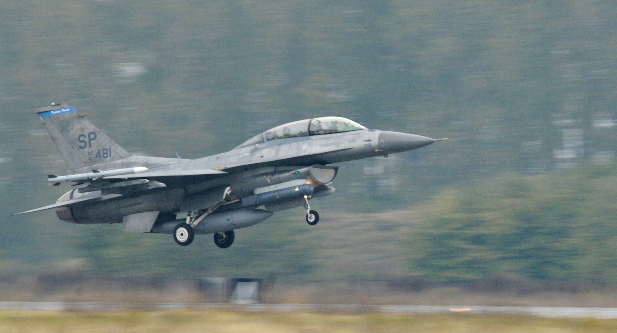 GRAF IGNATIEVO AIR FORCE BASE, Bulgaria -- An F-16 Fighting Falcon takes off from the runway during Operation Thracian Star Oct. 13. During the operation pilots from Spangdahlem Air Base’s 480th Fighter Squadron trained against MiG 29 and 21 aircraft as well as practiced suppression and destruction of enemy air defense systems. (U.S. Air Force photo/Staff Sgt. Benjamin Wilson)
