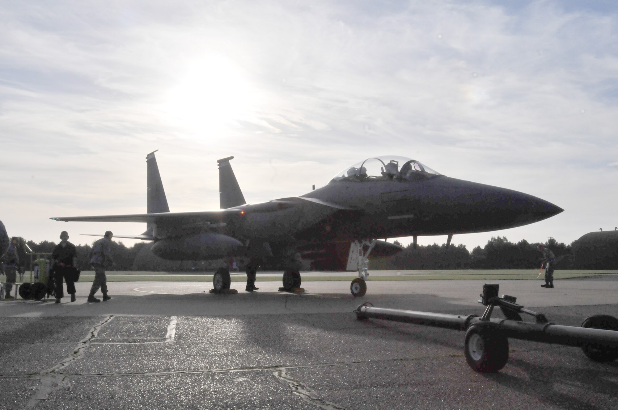 An F-15E Strike Eagle sits on the flightline Oct. 7, 2010, at Royal Air Force Lakenheath, England.  This aircraft was used for the first of four set-piece demonstrations for aircraft regeneration in preparation for the operational readiness inspection. (U.S. Air Force photo/Senior Airman David Dobrydney)