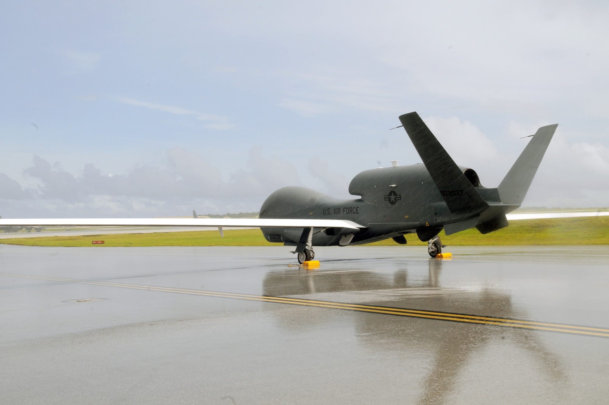 An RQ-4 Global Hawk is ready for its first flight Oct. 7, 2010, at Andersen Air Force Base, Guam. This would be its first takeoff since its arrival Sept. 20, 2010. The RQ-4 is the only permanently stationed aircraft on Andersen AFB. (U.S. Air Force photo/Senior Airman Nichelle Anderson) 
