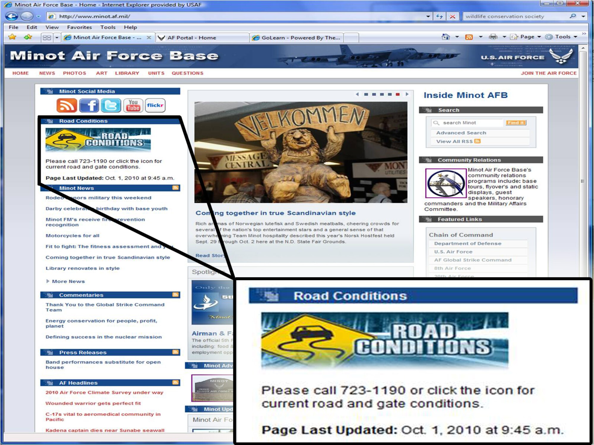 MINOT AIR FORCE BASE, N.D. -- Team Minot members should check out the base Web site (www.minot.af.mil) for updated road conditions and gate information by clicking on the link in the provided tab on the home page pictured here. (U.S. Air Force graphic illustration by Senior Airman Benjamin Stratton)