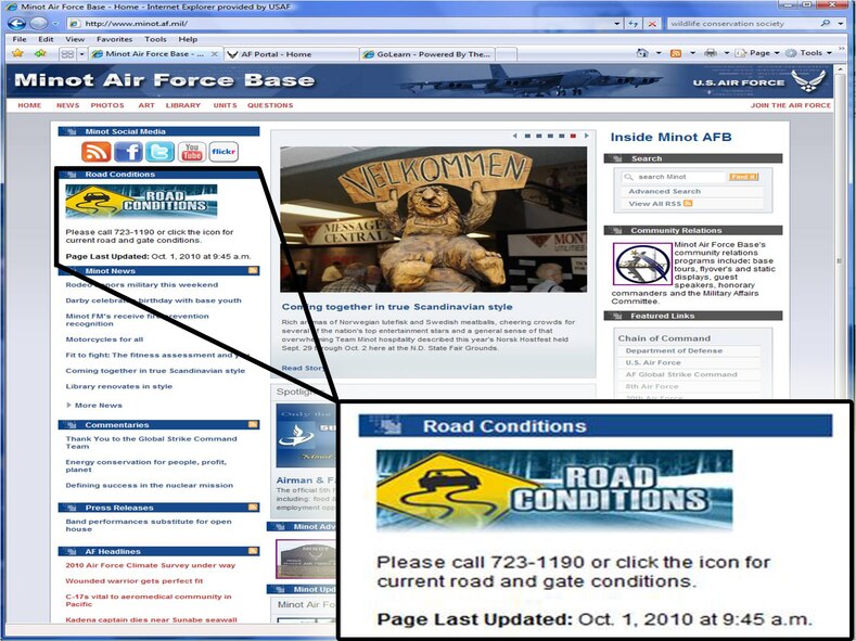 MINOT AIR FORCE BASE, N.D. -- Team Minot members should check out the base Web site (www.minot.af.mil) for updated road conditions and gate information by clicking on the link in the provided tab on the home page pictured here. (U.S. Air Force graphic illustration by Senior Airman Benjamin Stratton)