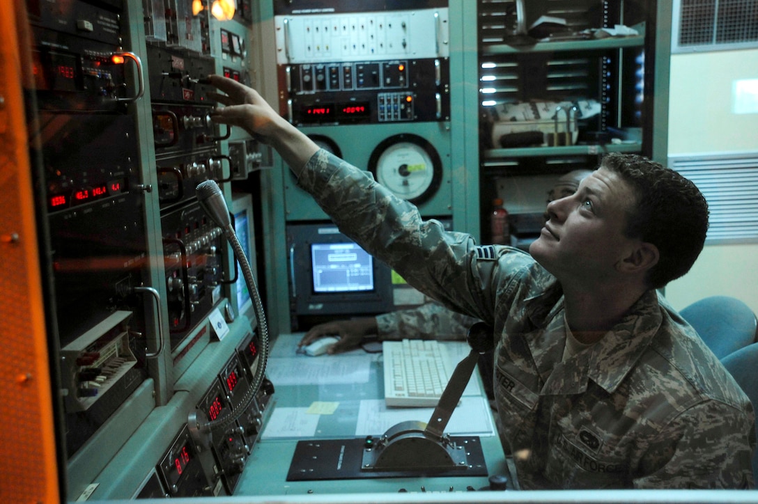 ELLSWORTH AIR FORCE BASE, S.D. – Staff Sgt. Nicholas Tester, 28th Maintenance Squadron aerospace propulsion journeyman, operates a B-1B Lancer General Electric F-101 turbofan engine, Oct. 6. Sergeant Tester uses a variety of digital and analog gauges to measure everything from oil pressure and fuel flow to thrust and exhaust gas temperature. (U.S. Air Force photo/Senior Airman Corey Hook)